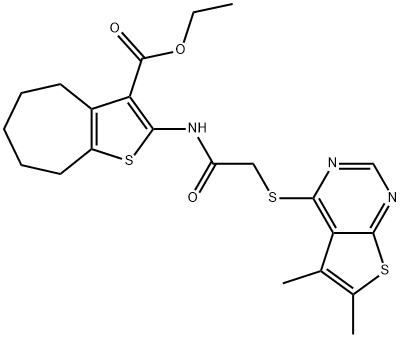 ethyl 2-({[(5,6-dimethylthieno[2,3-d]pyrimidin-4-yl)sulfanyl]acetyl}amino)-5,6,7,8-tetrahydro-4H-cyclohepta[b]thiophene-3-carboxylate Struktur