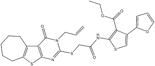 ethyl 2-({[(3-allyl-4-oxo-3,5,6,7,8,9-hexahydro-4H-cyclohepta[4,5]thieno[2,3-d]pyrimidin-2-yl)sulfanyl]acetyl}amino)-4-(2-furyl)-3-thiophenecarboxylate Struktur