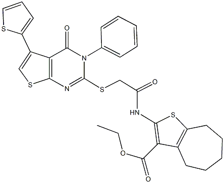 ethyl 2-[({[4-oxo-3-phenyl-5-(2-thienyl)-3,4-dihydrothieno[2,3-d]pyrimidin-2-yl]sulfanyl}acetyl)amino]-5,6,7,8-tetrahydro-4H-cyclohepta[b]thiophene-3-carboxylate Struktur