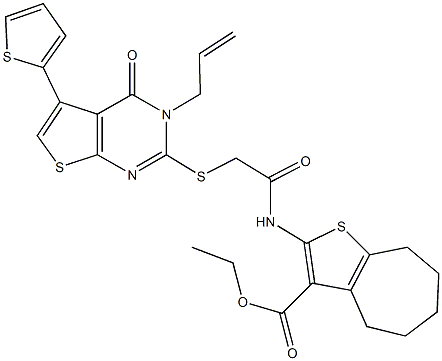 ethyl 2-[({[3-allyl-4-oxo-5-(2-thienyl)-3,4-dihydrothieno[2,3-d]pyrimidin-2-yl]sulfanyl}acetyl)amino]-5,6,7,8-tetrahydro-4H-cyclohepta[b]thiophene-3-carboxylate Struktur