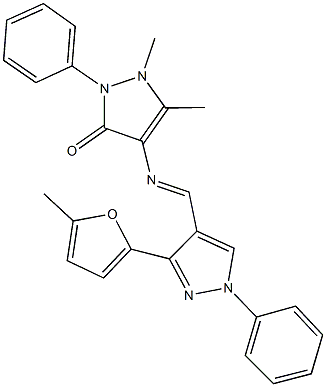 1,5-dimethyl-4-({[3-(5-methyl-2-furyl)-1-phenyl-1H-pyrazol-4-yl]methylene}amino)-2-phenyl-1,2-dihydro-3H-pyrazol-3-one Struktur