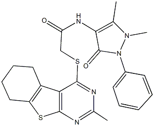 N-(1,5-dimethyl-3-oxo-2-phenyl-2,3-dihydro-1H-pyrazol-4-yl)-2-[(2-methyl-5,6,7,8-tetrahydro[1]benzothieno[2,3-d]pyrimidin-4-yl)sulfanyl]acetamide Struktur