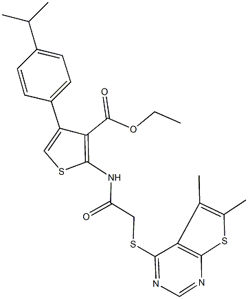 ethyl 2-({[(5,6-dimethylthieno[2,3-d]pyrimidin-4-yl)sulfanyl]acetyl}amino)-4-(4-isopropylphenyl)thiophene-3-carboxylate Struktur