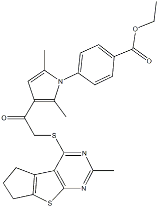 ethyl 4-(2,5-dimethyl-3-{[(2-methyl-6,7-dihydro-5H-cyclopenta[4,5]thieno[2,3-d]pyrimidin-4-yl)sulfanyl]acetyl}-1H-pyrrol-1-yl)benzoate Struktur