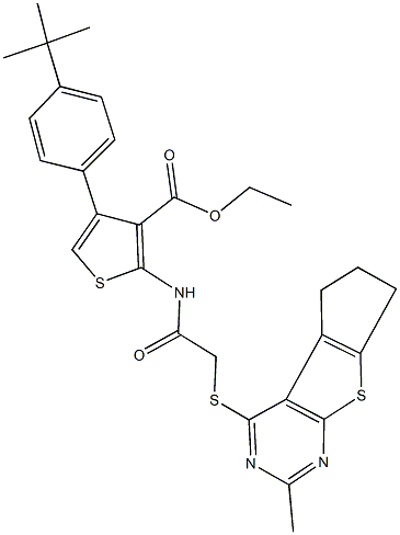 ethyl 4-(4-tert-butylphenyl)-2-({[(2-methyl-6,7-dihydro-5H-cyclopenta[4,5]thieno[2,3-d]pyrimidin-4-yl)sulfanyl]acetyl}amino)-3-thiophenecarboxylate Struktur