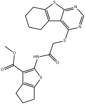 methyl 2-{[(5,6,7,8-tetrahydro[1]benzothieno[2,3-d]pyrimidin-4-ylsulfanyl)acetyl]amino}-5,6-dihydro-4H-cyclopenta[b]thiophene-3-carboxylate Struktur