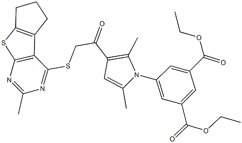 diethyl 5-(2,5-dimethyl-3-{[(2-methyl-6,7-dihydro-5H-cyclopenta[4,5]thieno[2,3-d]pyrimidin-4-yl)sulfanyl]acetyl}-1H-pyrrol-1-yl)isophthalate Struktur