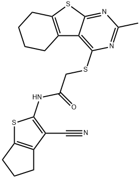 N-(3-cyano-5,6-dihydro-4H-cyclopenta[b]thien-2-yl)-2-[(2-methyl-5,6,7,8-tetrahydro[1]benzothieno[2,3-d]pyrimidin-4-yl)sulfanyl]acetamide Struktur