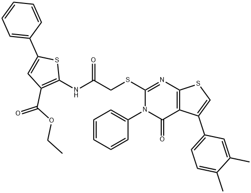 ethyl 2-[({[5-(3,4-dimethylphenyl)-4-oxo-3-phenyl-3,4-dihydrothieno[2,3-d]pyrimidin-2-yl]sulfanyl}acetyl)amino]-5-phenyl-3-thiophenecarboxylate Struktur