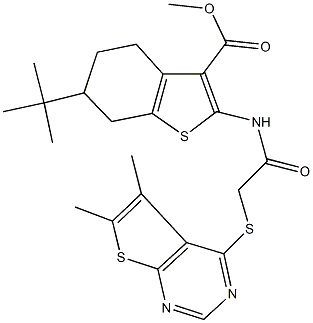 methyl 6-tert-butyl-2-({[(5,6-dimethylthieno[2,3-d]pyrimidin-4-yl)sulfanyl]acetyl}amino)-4,5,6,7-tetrahydro-1-benzothiophene-3-carboxylate Struktur