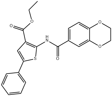 ethyl 2-[(2,3-dihydro-1,4-benzodioxin-6-ylcarbonyl)amino]-5-phenyl-3-thiophenecarboxylate Struktur