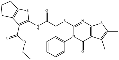 ethyl 2-({[(5,6-dimethyl-4-oxo-3-phenyl-3,4-dihydrothieno[2,3-d]pyrimidin-2-yl)sulfanyl]acetyl}amino)-5,6-dihydro-4H-cyclopenta[b]thiophene-3-carboxylate Struktur