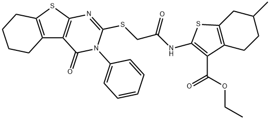 ethyl 6-methyl-2-({[(4-oxo-3-phenyl-3,4,5,6,7,8-hexahydro[1]benzothieno[2,3-d]pyrimidin-2-yl)sulfanyl]acetyl}amino)-4,5,6,7-tetrahydro-1-benzothiophene-3-carboxylate Struktur