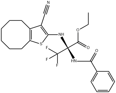 ethyl 2-(benzoylamino)-2-[(3-cyano-4,5,6,7,8,9-hexahydrocycloocta[b]thien-2-yl)amino]-3,3,3-trifluoropropanoate Struktur