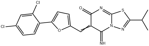 6-{[5-(2,4-dichlorophenyl)-2-furyl]methylene}-5-imino-2-isopropyl-5,6-dihydro-7H-[1,3,4]thiadiazolo[3,2-a]pyrimidin-7-one Struktur