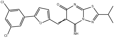 6-{[5-(3,5-dichlorophenyl)-2-furyl]methylene}-5-imino-2-isopropyl-5,6-dihydro-7H-[1,3,4]thiadiazolo[3,2-a]pyrimidin-7-one Struktur