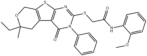 2-[(6-ethyl-6-methyl-4-oxo-3-phenyl-3,5,6,8-tetrahydro-4H-pyrano[4',3':4,5]thieno[2,3-d]pyrimidin-2-yl)sulfanyl]-N-(2-methoxyphenyl)acetamide Struktur