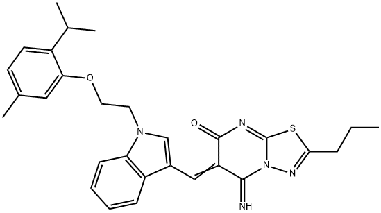 5-imino-6-({1-[2-(2-isopropyl-5-methylphenoxy)ethyl]-1H-indol-3-yl}methylene)-2-propyl-5,6-dihydro-7H-[1,3,4]thiadiazolo[3,2-a]pyrimidin-7-one Struktur