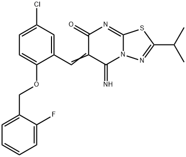 6-{5-chloro-2-[(2-fluorobenzyl)oxy]benzylidene}-5-imino-2-isopropyl-5,6-dihydro-7H-[1,3,4]thiadiazolo[3,2-a]pyrimidin-7-one Struktur