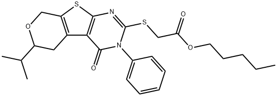 pentyl [(6-isopropyl-4-oxo-3-phenyl-3,5,6,8-tetrahydro-4H-pyrano[4',3':4,5]thieno[2,3-d]pyrimidin-2-yl)sulfanyl]acetate Struktur