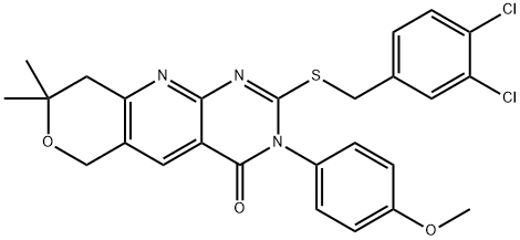 2-[(3,4-dichlorobenzyl)sulfanyl]-3-(4-methoxyphenyl)-8,8-dimethyl-3,6,8,9-tetrahydro-4H-pyrano[3',4':5,6]pyrido[2,3-d]pyrimidin-4-one Struktur