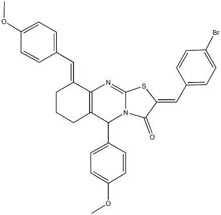 2-(4-bromobenzylidene)-9-(4-methoxybenzylidene)-5-(4-methoxyphenyl)-6,7,8,9-tetrahydro-5H-[1,3]thiazolo[2,3-b]quinazolin-3(2H)-one Struktur