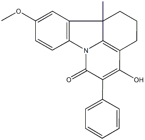 4-hydroxy-10-methoxy-11b-methyl-5-phenyl-1,2,3,11b-tetrahydro-6H-pyrido[3,2,1-jk]carbazol-6-one Struktur