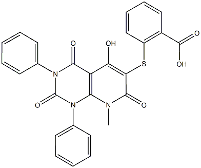 2-[(5-hydroxy-8-methyl-2,4,7-trioxo-1,3-diphenyl-1,2,3,4,7,8-hexahydropyrido[2,3-d]pyrimidin-6-yl)sulfanyl]benzoic acid Struktur