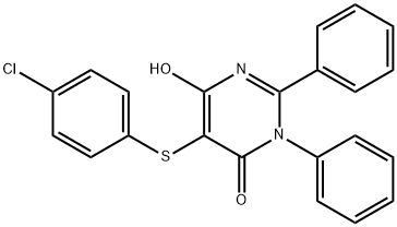 5-[(4-chlorophenyl)sulfanyl]-6-hydroxy-2,3-diphenyl-4(3H)-pyrimidinone Struktur