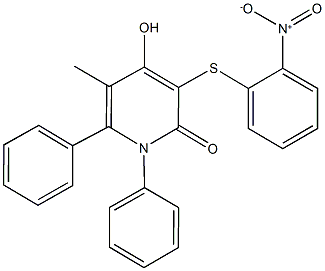 4-hydroxy-3-({2-nitrophenyl}sulfanyl)-5-methyl-1,6-diphenyl-2(1H)-pyridinone Struktur