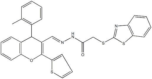 2-(1,3-benzothiazol-2-ylsulfanyl)-N'-{[4-(2-methylphenyl)-2-(2-thienyl)-4H-chromen-3-yl]methylene}acetohydrazide Struktur