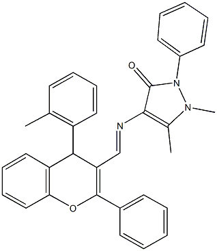 1,5-dimethyl-4-({[4-(2-methylphenyl)-2-phenyl-4H-chromen-3-yl]methylene}amino)-2-phenyl-1,2-dihydro-3H-pyrazol-3-one Struktur