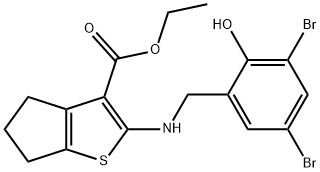 ethyl 2-[(3,5-dibromo-2-hydroxybenzyl)amino]-5,6-dihydro-4H-cyclopenta[b]thiophene-3-carboxylate Struktur