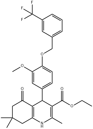 ethyl 4-(3-methoxy-4-{[3-(trifluoromethyl)benzyl]oxy}phenyl)-2,7,7-trimethyl-5-oxo-1,4,5,6,7,8-hexahydro-3-quinolinecarboxylate Struktur