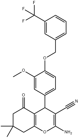 2-amino-4-(3-methoxy-4-{[3-(trifluoromethyl)benzyl]oxy}phenyl)-7,7-dimethyl-5-oxo-5,6,7,8-tetrahydro-4H-chromene-3-carbonitrile Struktur