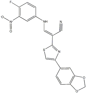 2-[4-(1,3-benzodioxol-5-yl)-1,3-thiazol-2-yl]-3-{4-fluoro-3-nitroanilino}acrylonitrile Struktur