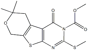 methyl 6,6-dimethyl-2-(methylsulfanyl)-4-oxo-5,8-dihydro-4H-pyrano[4',3':4,5]thieno[2,3-d]pyrimidine-3(6H)-carboxylate Struktur