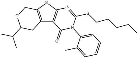 6-isopropyl-3-(2-methylphenyl)-2-(pentylsulfanyl)-3,5,6,8-tetrahydro-4H-pyrano[4',3':4,5]thieno[2,3-d]pyrimidin-4-one Struktur