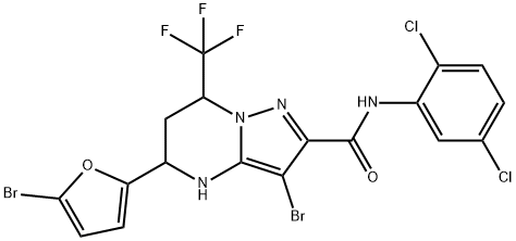 3-bromo-5-(5-bromo-2-furyl)-N-(2,5-dichlorophenyl)-7-(trifluoromethyl)-4,5,6,7-tetrahydropyrazolo[1,5-a]pyrimidine-2-carboxamide Struktur