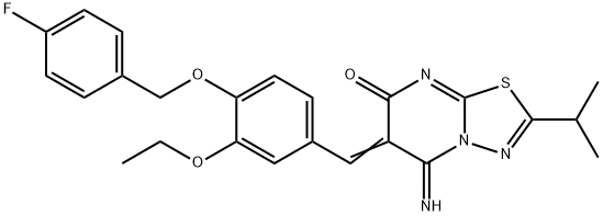 6-{3-ethoxy-4-[(4-fluorobenzyl)oxy]benzylidene}-5-imino-2-isopropyl-5,6-dihydro-7H-[1,3,4]thiadiazolo[3,2-a]pyrimidin-7-one Struktur