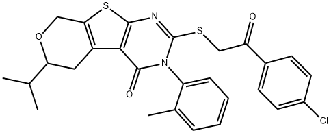 2-{[2-(4-chlorophenyl)-2-oxoethyl]sulfanyl}-6-isopropyl-3-(2-methylphenyl)-3,5,6,8-tetrahydro-4H-pyrano[4',3':4,5]thieno[2,3-d]pyrimidin-4-one Struktur