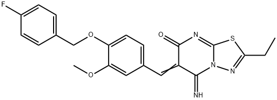 2-ethyl-6-{4-[(4-fluorobenzyl)oxy]-3-methoxybenzylidene}-5-imino-5,6-dihydro-7H-[1,3,4]thiadiazolo[3,2-a]pyrimidin-7-one Struktur