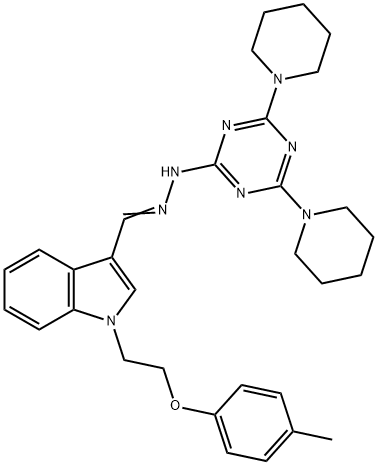 1-[2-(4-methylphenoxy)ethyl]-1H-indole-3-carbaldehyde [4,6-di(1-piperidinyl)-1,3,5-triazin-2-yl]hydrazone Struktur