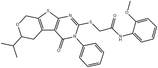 2-[(6-isopropyl-4-oxo-3-phenyl-3,5,6,8-tetrahydro-4H-pyrano[4',3':4,5]thieno[2,3-d]pyrimidin-2-yl)sulfanyl]-N-(2-methoxyphenyl)acetamide Struktur