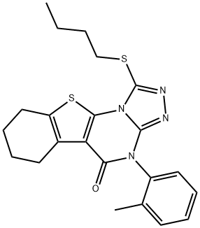 1-(butylsulfanyl)-4-(2-methylphenyl)-6,7,8,9-tetrahydro[1]benzothieno[3,2-e][1,2,4]triazolo[4,3-a]pyrimidin-5(4H)-one Struktur