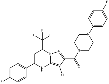 3-chloro-5-(4-fluorophenyl)-2-{[4-(4-fluorophenyl)-1-piperazinyl]carbonyl}-7-(trifluoromethyl)-4,5,6,7-tetrahydropyrazolo[1,5-a]pyrimidine Struktur