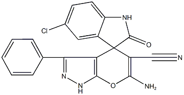 6-amino-5'-chloro-5-cyano-3-phenyl-1,1',3',4-tetrahydro-2'-oxospiro(pyrano[2,3-c]pyrazole-4,3'-[2'H]-indole) Struktur