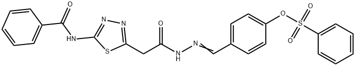 4-(2-{[5-(benzoylamino)-1,3,4-thiadiazol-2-yl]acetyl}carbohydrazonoyl)phenyl benzenesulfonate Struktur