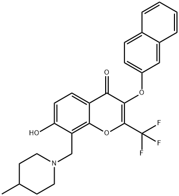 7-hydroxy-8-[(4-methyl-1-piperidinyl)methyl]-3-(2-naphthyloxy)-2-(trifluoromethyl)-4H-chromen-4-one Struktur