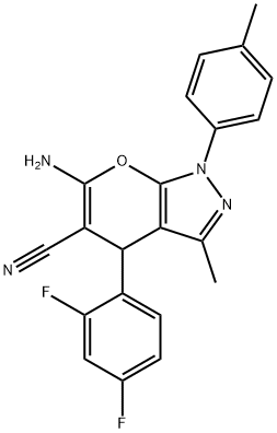 6-amino-4-(2,4-difluorophenyl)-3-methyl-1-(4-methylphenyl)-1,4-dihydropyrano[2,3-c]pyrazole-5-carbonitrile Struktur